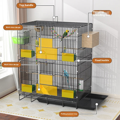 Black double-layer metal bird cage with multiple perches, green food/water dishes, and toys, housing several colorful birds. - Image 13