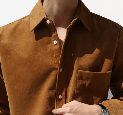 Camisa de Pana Suelta Retro Coreana de Color Sólido - Image 2
