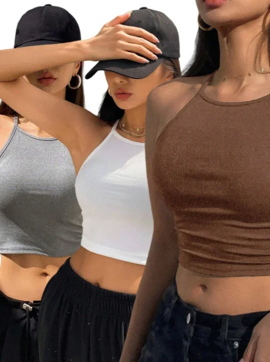 Set of 3 Women's Basic Halter Tops - Versatile Crop Cut