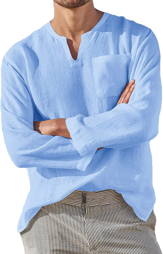 Camisa de Lino Casual para Hombre con Cuello en V y Manga Larga - Image 15