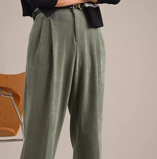 Pantalones Plisados Retro de Cintura Alta en Pana - Image 10