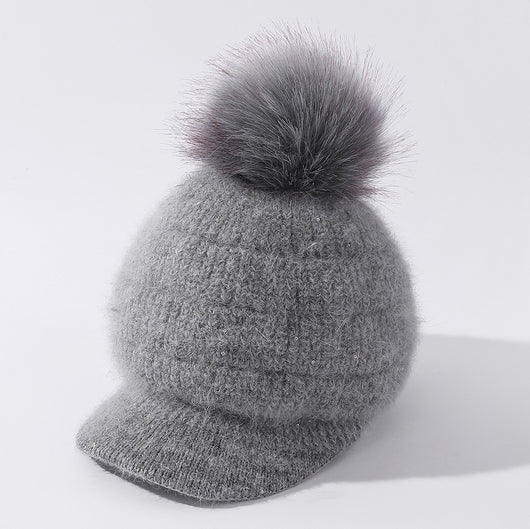 Gorro de Lana Cálido con Pompón de Pelaje de Conejo y Terciopelo - Image 9