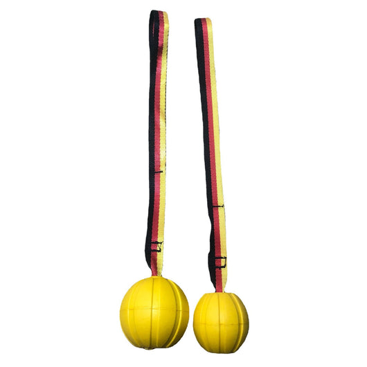 Yellow EVA pet training ball with a black, red, and yellow striped tether, designed for water play. - Image 10