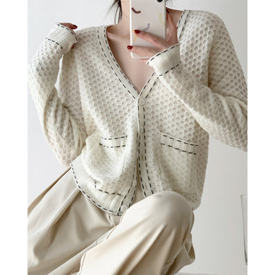 Cardigan Tejido de Lana Marfil con Contraste de Texturas - Image 3