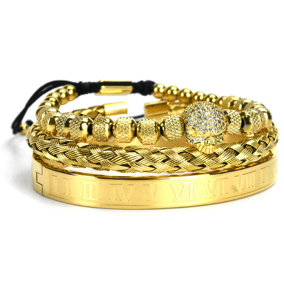 Pulsera de Acero Inoxidable con Calavera Retro y Letras Romanas Trenzadas