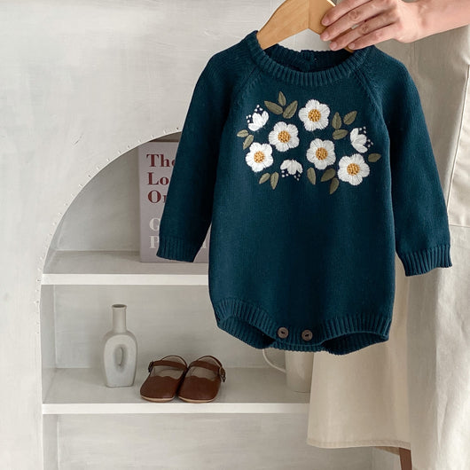 Enterizo Largo de Algodón para Bebé Niña con Bordado Verde Oscuro - Image 2