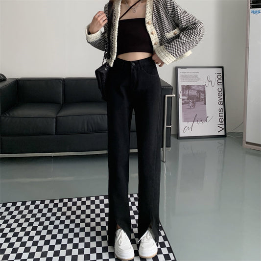 Jeans Negros Cintura Alta Micro Acampanados Pierna Recta