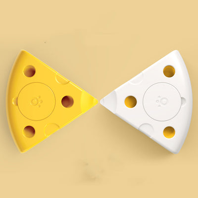 Yellow cheese-shaped electric cat toy with a white feather attachment, shown with three AA batteries and a replacement feather. - Image 10