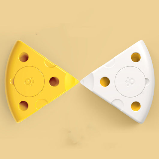 Yellow cheese-shaped electric cat toy with a white feather attachment, shown with three AA batteries and a replacement feather. - Image 10