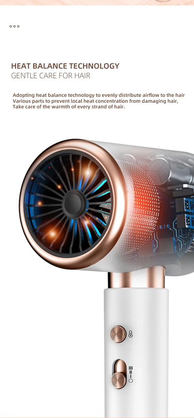 White professional hair dryer with rose gold accents, blue fan, and two control buttons, shown with a US 110V plug and a 360-degree rotating air collector nozzl - Image 36