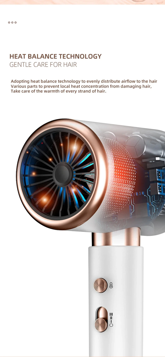 White professional hair dryer with rose gold accents, blue fan, and two control buttons, shown with a US 110V plug and a 360-degree rotating air collector nozzl - Image 36