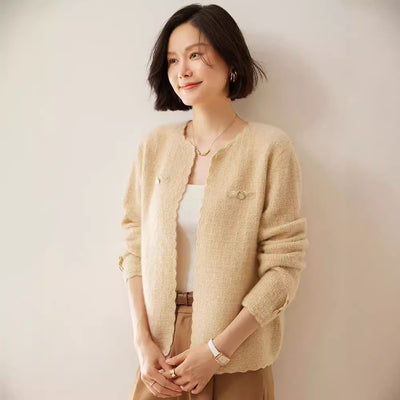 Cardigan de Cachemira Estilo Chanel - Tejido Suelto Cuello Redondo Manga Larga