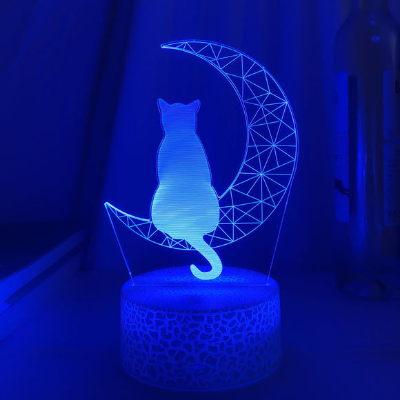 Lámpara LED 3D Decorativa Luna y Gato - Luz Acrílica Interior