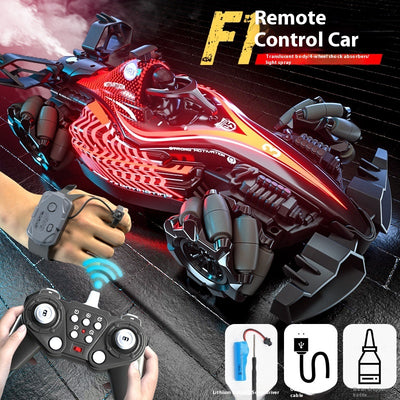 Black and purple remote control stunt car with LED lights and omnidirectional wheels, shown with its remote control and accessories. - Image 5