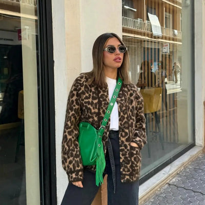 Abrigo Suelto de Piel de Cordero Estampado Leopardo