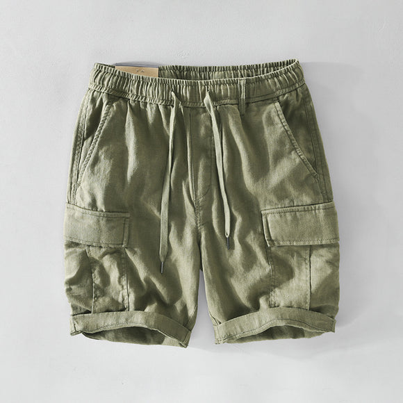 Shorts de Lino Casual para Hombre con Bolsillos y Cordón