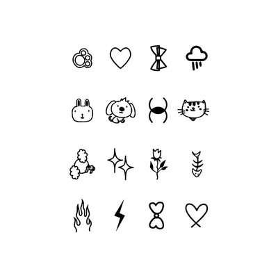 Sheet of 24 black outline doodle temporary tattoo stickers including a bow, heart, crown, sun, stars, and flowers. - Image 6