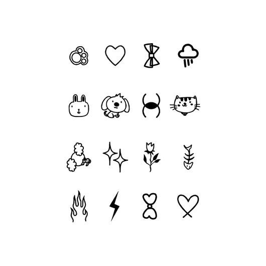 Sheet of 24 black outline doodle temporary tattoo stickers including a bow, heart, crown, sun, stars, and flowers. - Image 6