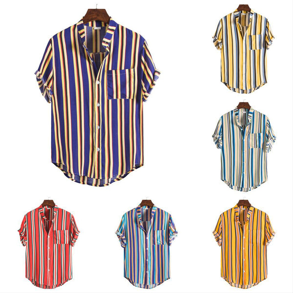 Camisa Casual Hombre Talla Grande Cuello Parado Rayas Manga Corta