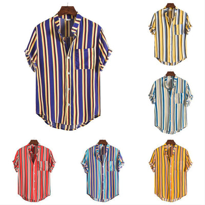 Camisa Casual Hombre Talla Grande Cuello Parado Rayas Manga Corta