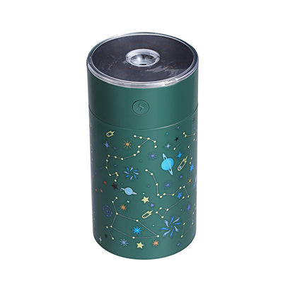 Dark green cylindrical humidifier with a clear top, featuring a colorful celestial pattern of stars, planets, and constellations. - Image 12