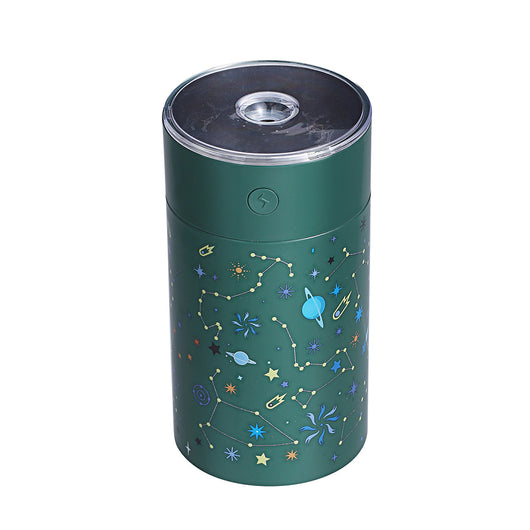 Dark green cylindrical humidifier with a clear top, featuring a colorful celestial pattern of stars, planets, and constellations. - Image 12