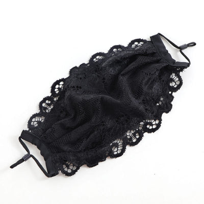 Black lace face mask with embroidered floral pattern and adjustable ear loops, designed for ladies. - Image 11
