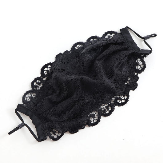 Black lace face mask with embroidered floral pattern and adjustable ear loops, designed for ladies. - Image 11