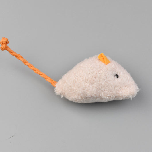 Blue plush mouse cat toy with a corduroy texture, beige ears, black eyes, and a braided rope tail. - Image 3