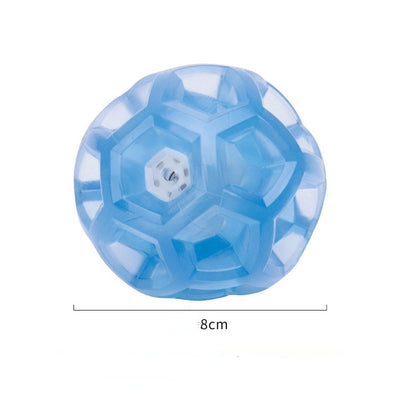 Translucent blue multi-faceted pet toy ball with an internal mechanism, measuring 6.4cm in diameter. - Image 9