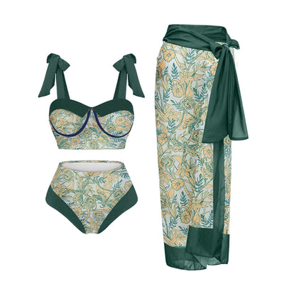 Women's three-piece swimsuit with tropical pomegranate, hibiscus, and bird print bikini and magenta sarong. - Image 7