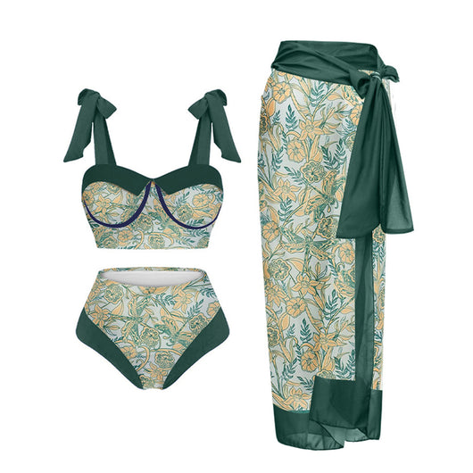 Women's three-piece swimsuit with tropical pomegranate, hibiscus, and bird print bikini and magenta sarong. - Image 7