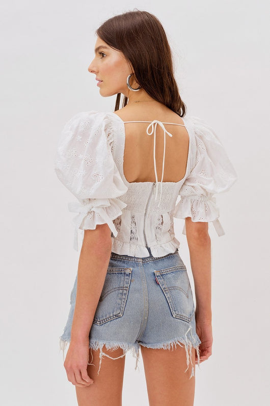 Blusa con Encaje Bordado, Moño y Mangas Abullonadas - Image 4