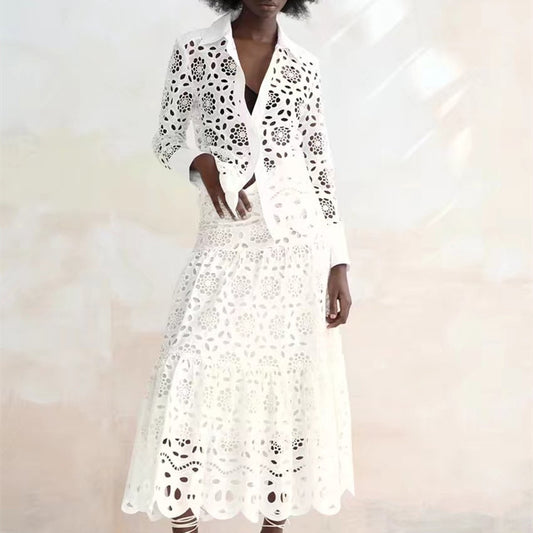 Traje Falda Camisa con Solapa Calada Elegante