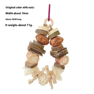 Natural wooden and rattan hanging pet chew toy with cardboard and loofah pieces for parrots, hamsters, or rabbits. - Image 6