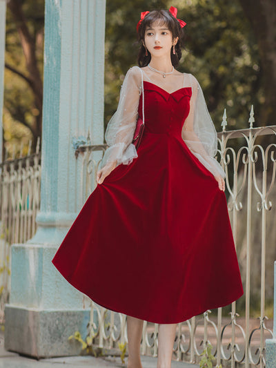 Vestido de Terciopelo Rojo Manga Larga para Compromisos y Eventos - Image 13