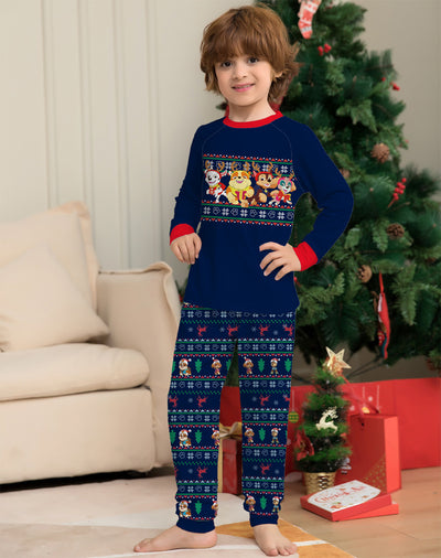 Woman in red Paw Patrol Christmas pajama top and navy fair isle bottoms with Santa Pups and reindeer. - Image 14