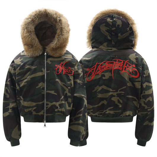 Abrigo Hoodie de Terciopelo con Bordado de Letras y Patrón Camuflaje