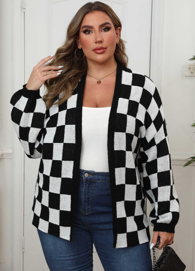Suéter Cardigan Patchwork Contraste Cuadros Ajedrez Holgado Casual - Image 14