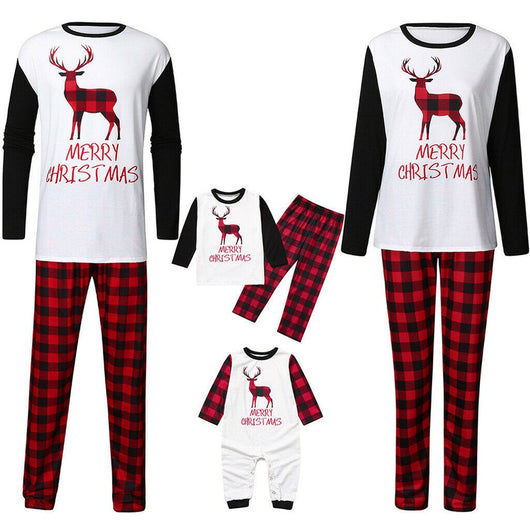 Family matching Christmas pajamas with red and black buffalo plaid pants and white long-sleeve tops featuring a deer graphic and "MERRY CHRISTMAS" text. Include - Image 10