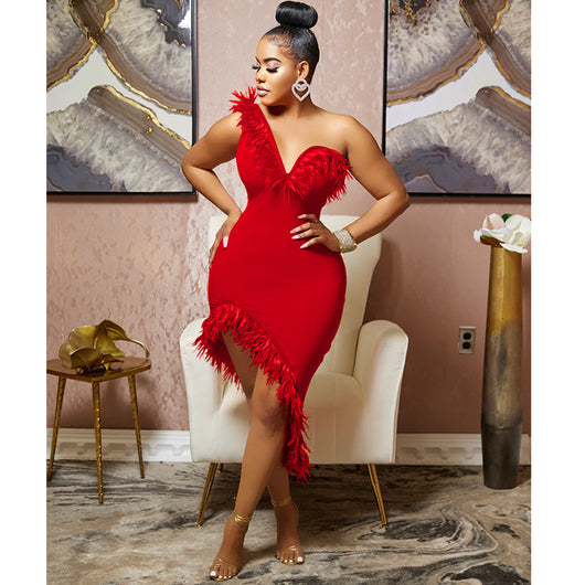 Vestido Midi Escote V sin Mangas con Detalle de Plumas - Image 15