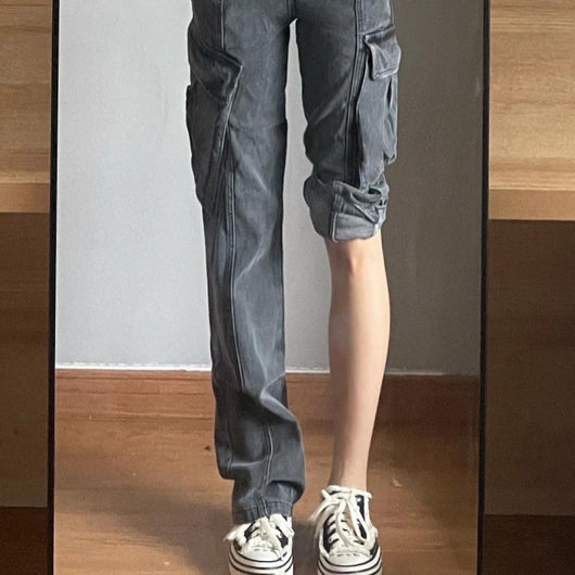 Jeans de Trabajo Gris Vintage con Bolsillos Funcionales para Mujer - Image 16