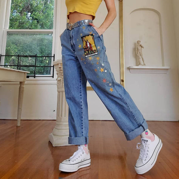 Pantalón Denim Recto Estampado con Estilo Urbano Europeo y Americano para Mujer