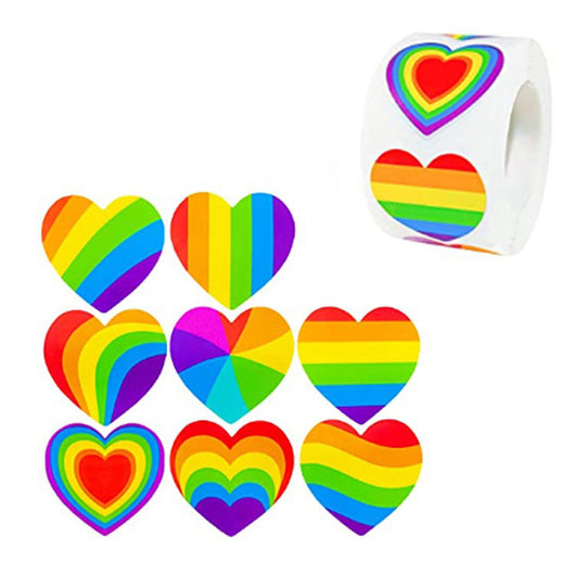 Roll of heart-shaped stickers featuring the Progress Pride flag design with rainbow and chevron stripes. - Image 6
