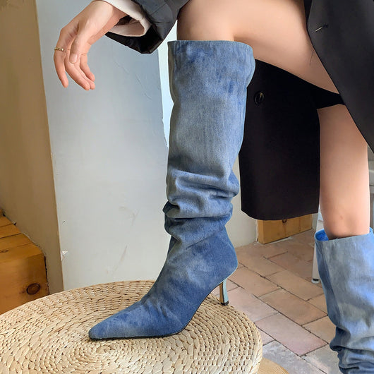 Botas Vaqueras de Tacón Alto Punta Afilada Tubo Ancho Denim Azul - Image 5
