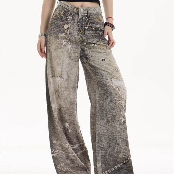 Pantalones Vaqueros Retro Desgastados Corte Recto Pierna Ancha