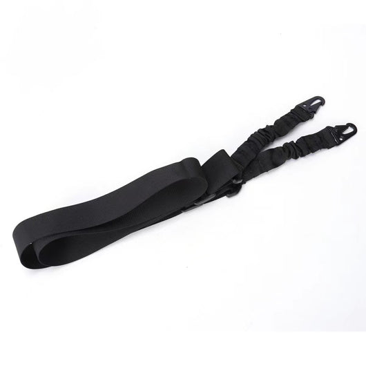 Black crossbody nylon strap with elastic sections, adjustable buckles, and two metal hooks for tension adjustment. - Image 11