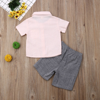 Conjunto Infantil de Camisa y Pantalones Cortos a Rayas con Cuello Solapa - Image 3