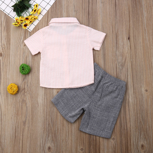 Conjunto Infantil de Camisa y Pantalones Cortos a Rayas con Cuello Solapa - Image 3