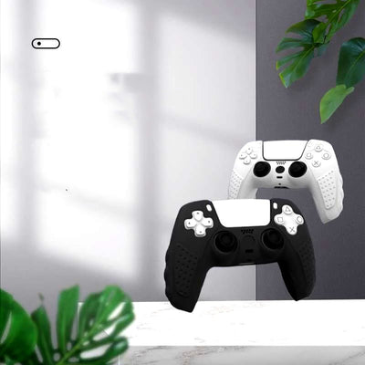 White silicone protective sleeve for PS5 controller with black textured grips and joystick caps, shown with packaging. - Image 22
